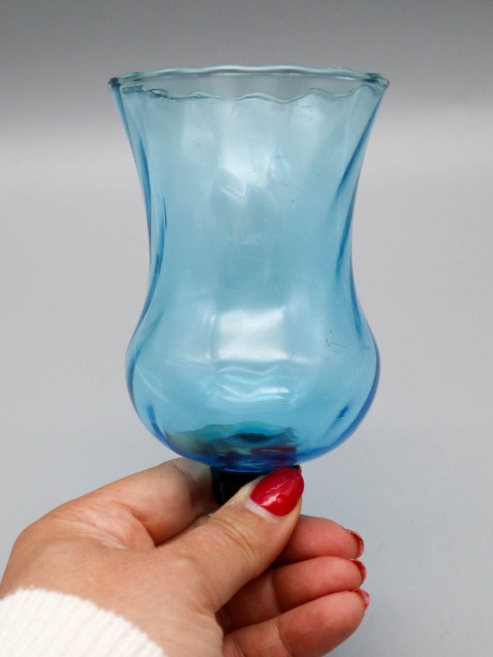Vtg Glass Votive Candle Holder w/ Peg Grommet Blue Swirl Tulip 5 1/2"H Cottage